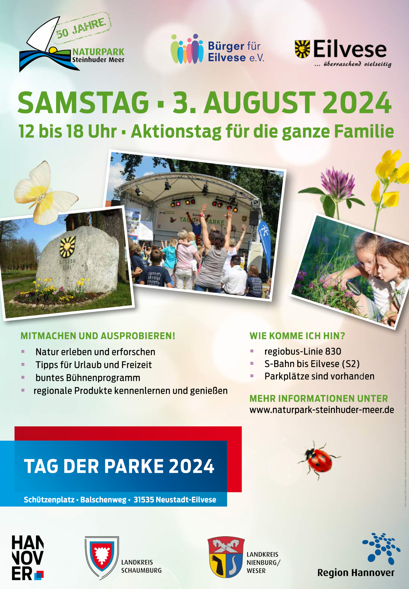 Plakat mit Informationen zum Tag der Parke 2024 in Eilvese am 3. August 2024